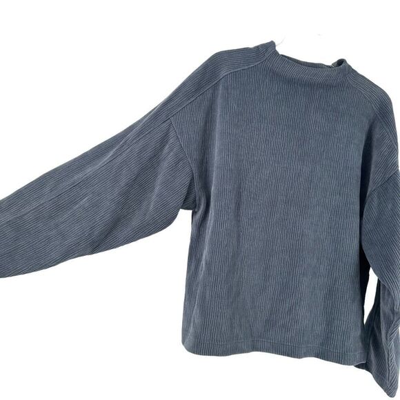 Madewell Top Jacquard Funnel Neck Blue Long Sleeve Size L Wide Sleeves Textured - Picture 3 of 6